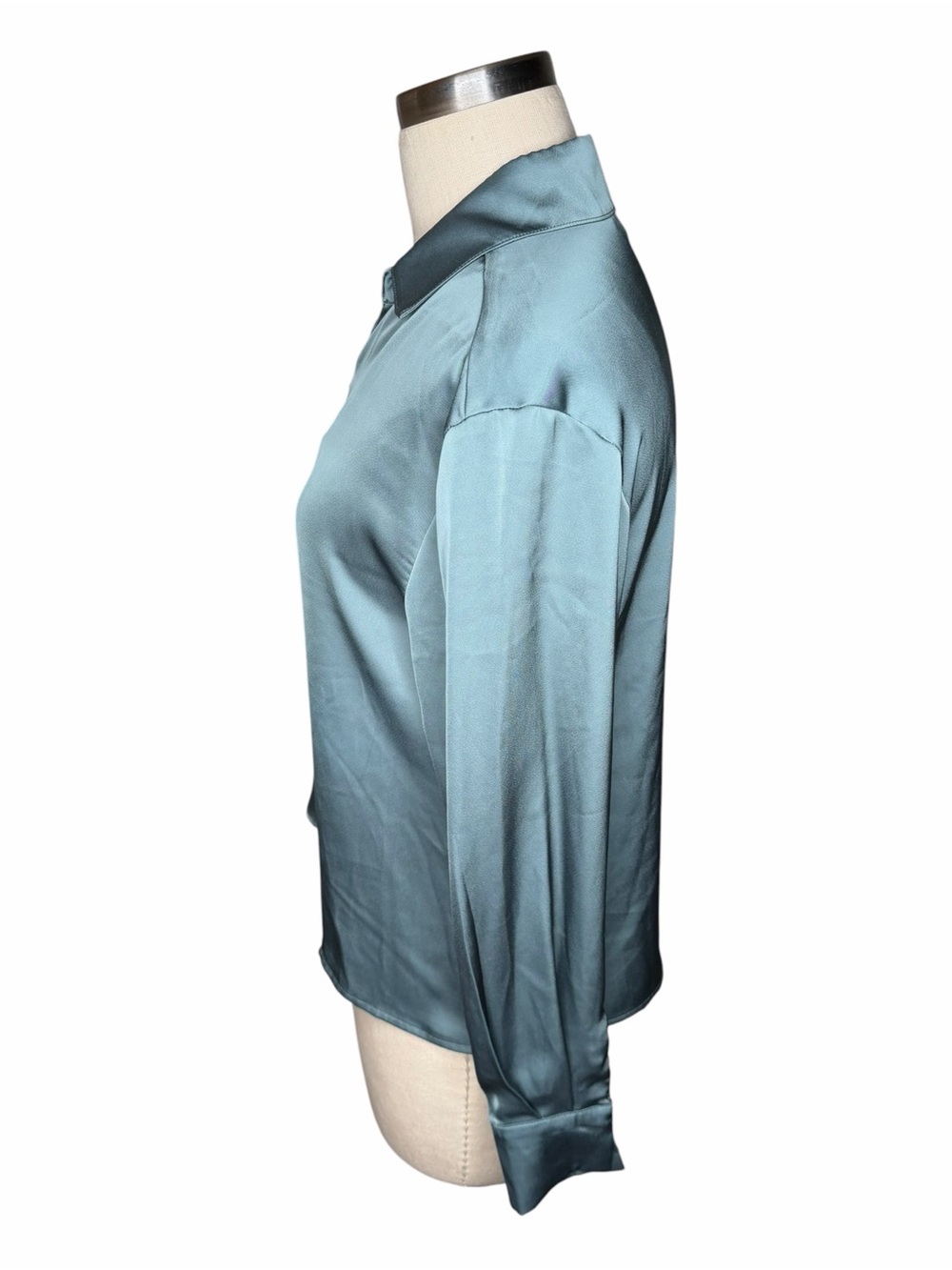 EVEREVE Carrie Double Zip Satin Shirt Dusty Teal Collared Blouse Women's Size XS - Picture 3 of 6